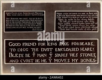 1890 ca , Stratford-Upon-Avon , GREAT BRITAIN : The epitaph on the grave of english  actor , poet and playwright dramatist  WILLIAM SHAKESPEARE ( 1564 Stock Photo