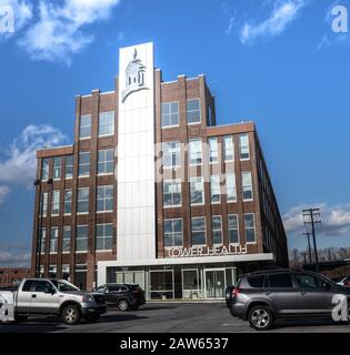 West Reading, Pennsylvania, USA, January 6, 2020: Tower Health which includes the Reading Hopsital office building on the Vanity Fair campus. Stock Photo