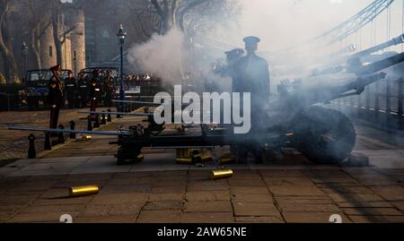 London, UK. 6th Feb, 2020. Members of the Honourable Artillery Company fire a 62-round royal gun salute from outside the Tower of London to mark Queen Elizabeth II's 68th anniversary of her accession to the throne in London, Britain on Feb. 6, 2020. Credit: Han Yan/Xinhua/Alamy Live News Stock Photo