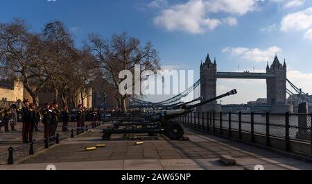 London, UK. 6th Feb, 2020. Members of the Honourable Artillery Company fire a 62-round royal gun salute from outside the Tower of London to mark Queen Elizabeth II's 68th anniversary of her accession to the throne in London, Britain on Feb. 6, 2020. Credit: Han Yan/Xinhua/Alamy Live News Stock Photo