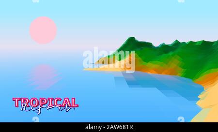 Idillic 3D sea shore landscape or a beach with green mountains and pink sun over the calm bay Stock Vector