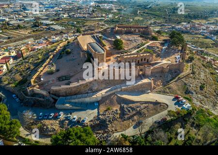 Aerial view of medieval Onda castle near the capital of tile factories in Castillon Spain with an curtain wall strengthened by semi circular towers Stock Photo