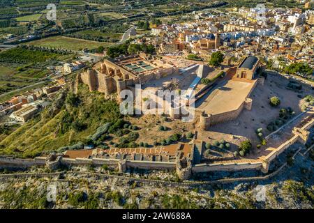 Aerial view of medieval Onda castle near the capital of tile factories in Castillon Spain with an curtain wall strengthened by semi circular towers Stock Photo