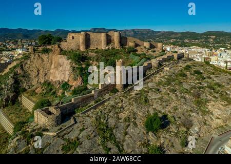 Aerial view of medieval Onda castle near the capital of tile factories in Castillon Spain with an curtain wall strengthened by semi circular towers Stock Photo