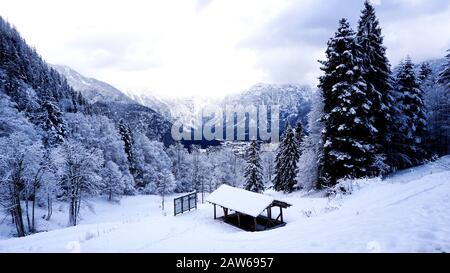 Walkway snow hiking to the old salt mine of Hallstatt pass the pine forest and Winter snow mountain landscape outdoor adventure, Austria Stock Photo