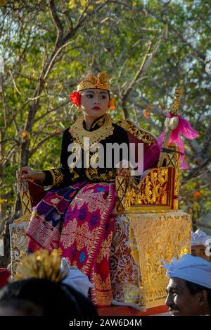 Denpasar, Bali, Indonesia - June 16, 2007: Balinese artists in colourful costumes showcase Balinese culture in the annual Bali Arts Festival. Stock Photo