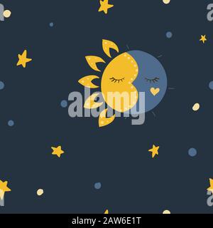 Sleeping sun and moon. Stars in the sky. Vector illustration. Seamless pattern background. Stock Vector