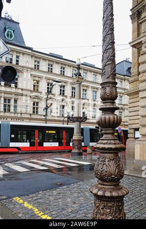 Kavárna Slavia, ornate acanthus leaf Lamp Post, tram, from National Theatre; Národní divadlo, Laterna magika, Prague; Nové Město; Stock Photo