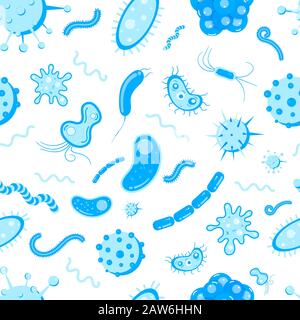Bacterial microorganisms, germs and viruses colorful seamless pattern. Viruses, infections colorful, micro-organisms disease objects, cell cancer vect Stock Vector