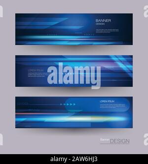 Abstract banners set with image of speed movement pattern and motion blur over dark blue color. Science, futuristic, energy technology concept Stock Vector