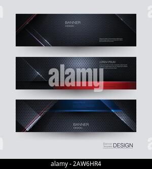 Metal frame banners set design for background. Illustration abstract blue, red, black metallic with light ray and glossy line. Stock Vector