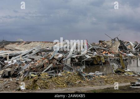 close view of part of destroyed building in demolition. Stock Photo