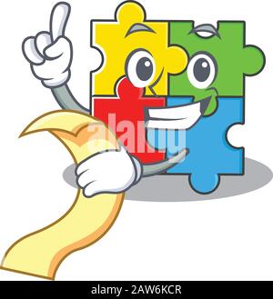 A funny cartoon character of puzzle toy holding a menu Stock Vector