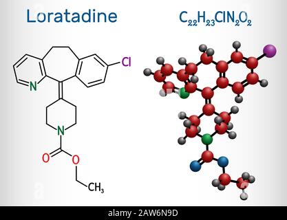 Loratadine C22H23ClN2O2 molecule. It is antihistamine, is used to treat ...