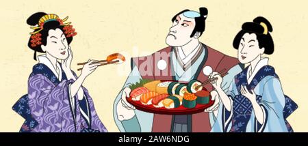 Retro Japanese people eating sashimi together in ukiyo-e style Stock Vector