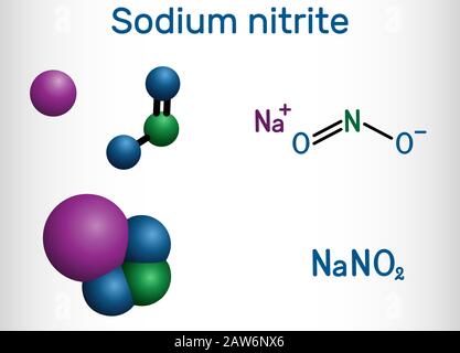 Sodium nitrite, NaNO2 molecule. It is used as a food preservative and antidote to cyanide poisoning. Structural chemical formula and molecule model. V Stock Vector