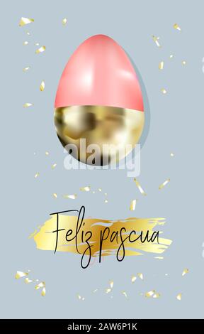 Easter card. Golden egg on a pink background. Spring design. Translation from Spanish HAPPY EASTER Stock Vector