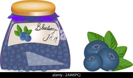 Glass jar with blueberry jam isolated on white background. Jam in a jar made of ripe juicy blueberry, fresh berries with leaves. Label for jam. Vector Stock Vector