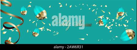 Easter background with place for text. Banner or poster for Easter. Blue. Golden eggs. Spring Break. Promotions and sales. Website header... Stock Vector