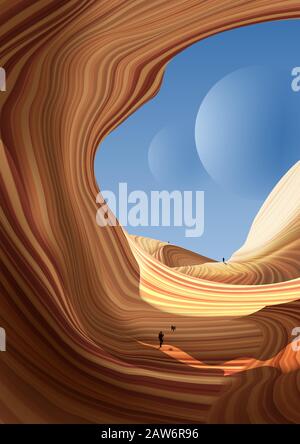 A vector illustration of an antelope art. Travelers are walking on an alien planet that its geology similar to the antelope canyon. Stock Vector