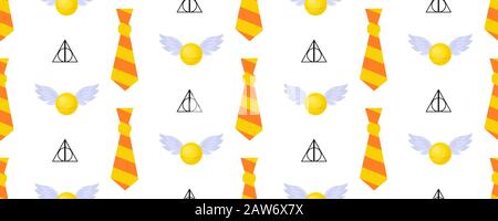 Seamless vector pattern. Children's design. Gryffindorf characters. The tie is striped. Orange and yellow. Magic Snitch.. Stock Vector