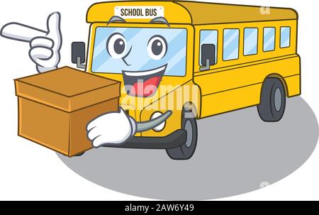 Cute school bus cartoon character having a box Stock Vector