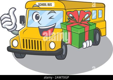 Happy school bus character having a gift box Stock Vector