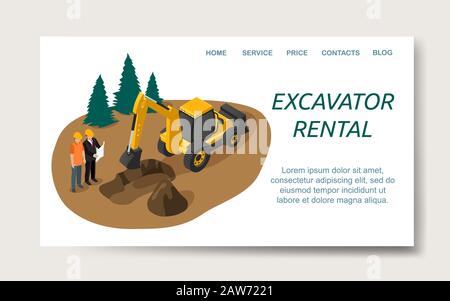 Excavator rental website landing page template Stock Vector