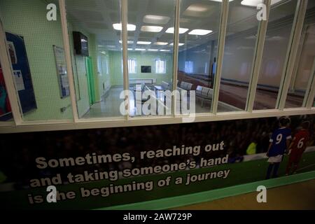 The reception area for newly-arrived prisoners at HMP Liverpool, also known as Walton Prison. The prison was given a scathing report in 2017 which pointed out various failings and problems. Present governor Pia Sinha was appointed in that year and in the next two years she turned the prison around with a programme of improvements and support for inmates and infrastructure. HMP Liverpool houses a maximum of 700 prisoners with an overall staff of around 250. Stock Photo