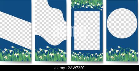 Vector set of blooming hand drawn snowdrops flowers trendy classic blue social media stories design templates, background, banners, mobile story Stock Vector