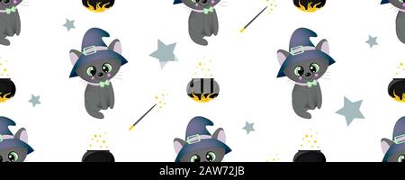School of magic. MAGIC. The cat is black. Magical items. Harry Potter and Hogwarts. Seamless teenage pattern. Cauldron with a magic potion. Magic wand Stock Vector