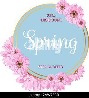 Round badge with the inscription spring. Spring discounts and sales. Advertising sticker. flowers pink.. Stock Vector