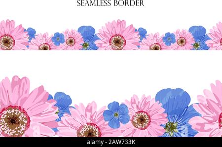 Seamless floral border. Pink flowers on a white background. Spring pattern. Design of fabric, textile, design of cards and presentations.. Stock Vector