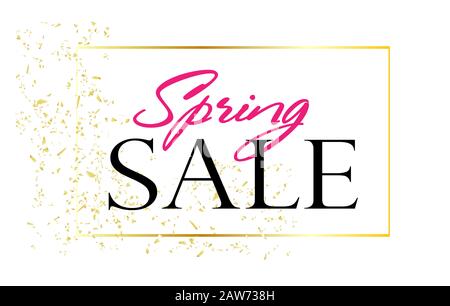 Big sale. Spring discounts. The inscription on a white background. Golden frame and confetti. Spring season.. Stock Vector