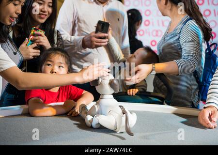 Shenzhen, China, April, 2019. AIBO robot on display at Sony Expo 2019. AIBO (stylized aibo, Artificial Intelligence Robot) is a series of robotic pets Stock Photo