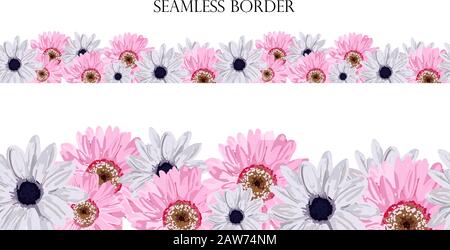 Seamless floral border with cute pink flowers. Hand drawing on a white background. Design element for cards, invitations, weddings, greetings. Gerbera Stock Vector