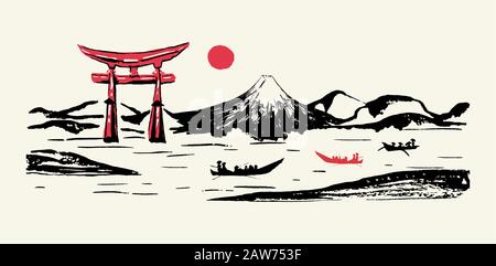 Japan panorama vector ink brush calligraphy background. Japanese mountain Fuji mount, Torii gates and red sun rise scenery with fisher boats on river, ink paint brush sketch and hand drawn graphic Stock Vector