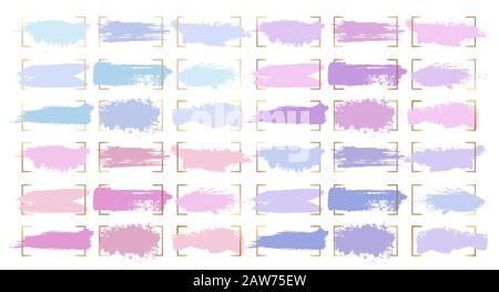 Paint brush strokes, abstract pastel color smudge blobs and watercolor splashes, vector backgrounds. Pink purple and violet blue light color blobs and smear strokes with grunge paintbrush texture Stock Vector