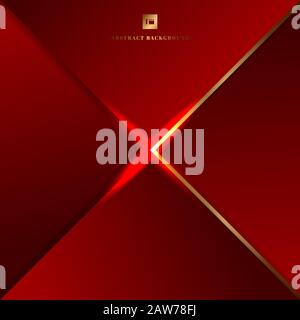 Abstract background red geometric triangles and golden border with lighting effect. Vector illustration Stock Vector