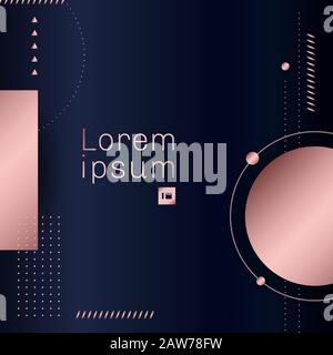 Abstract pink gold geometric circle, square, triangle pattern elements on blue background. You can use for template design cover brochure, poster, fly Stock Vector
