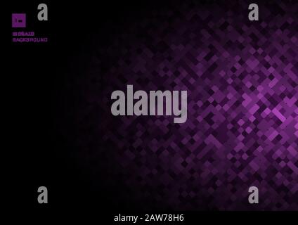 Purple mosaic pixel seamless pattern on fade out black background texture. Squares shapes repeating random color. Vector illustration Stock Vector