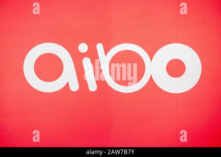 Shenzhen, China, April, 2019. AIBO logo at Sony Expo 2019. AIBO (stylized aibo, Artificial Intelligence Robot) is a series of robotic pets designed an Stock Photo