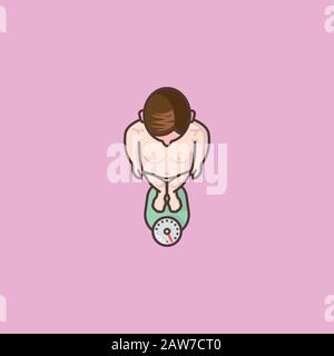 Obese person standing on bathroom scales, slightly blushing top view illustration. Vector color symbol of obesity and dieting Stock Vector