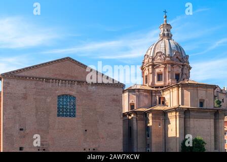 View of Curia Lulia. Also called Senate House, in the ancient city of Rome. It was built in 44 BC, when Julius Caesar replaced Faustus Cornelius Sulla Stock Photo