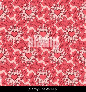 pink roses and hearts ornament seamless vector pattern Stock Vector