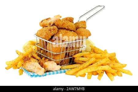 Breadcrumb fried scampi in a small wire frying basket with French fries isolated on  a white background Stock Photo