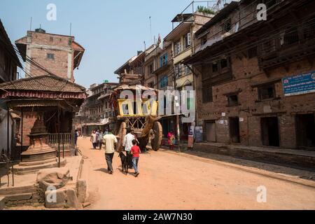 Giant chariot assembled for Bisket Jatra festival in the streets of Bhaktapur, Kathmandu valley, Nepal Stock Photo