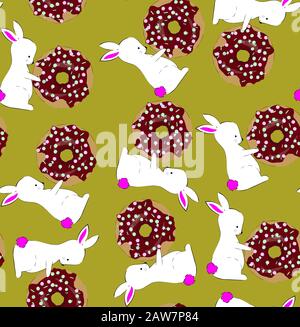 Lovely bunny with a very sweet donut. Vector seamless print-textiles, postcards, wallpaper Stock Vector