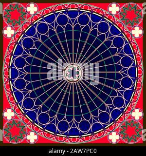 Blue and red abstract lace background, square geometric pattern with decorative frame. Stock Vector