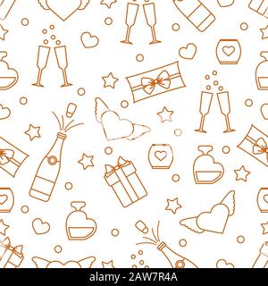 Vector seamless pattern Happy Valentine's Day, Birthday, Wedding, Mother's day Gifts, glasses, bottle, perfume, candle, wings, hearts Romantic backgro Stock Vector